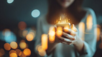 Woman Interacting With a Smartphone in a Soft, Glowing Environment During the Evening Hours Showcasing Digital Elements