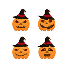 Halloween Pumpkin Faces Vector, Jack O&rsquo;Lanterns with Witch Hats