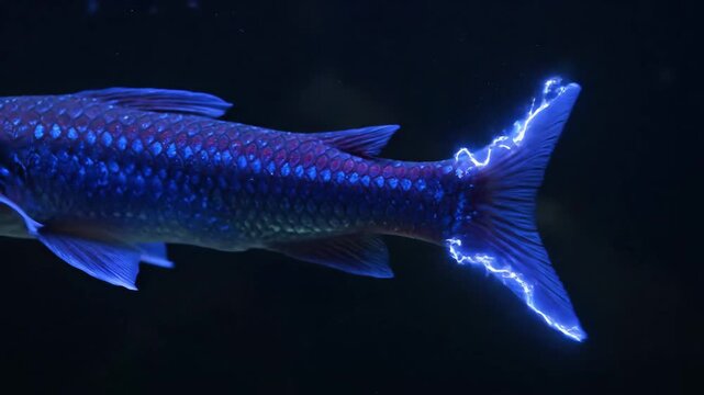 Electric Blue Ghost Knife Fish - A close-up of the side of a blue-and-purple Ghost Knife Fish. The fish is covered in scale patterns and glows with an electric pulse.