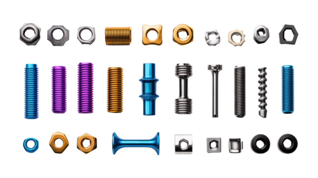 Colorful assorted bolts on transparent background - Powered by Adobe