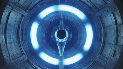 Blue Glowing Cyclotron With Pointed Core. Futuristic Particle Accelerator With Radiant Circular Design