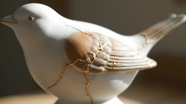 Ceramic Bird with Golden Kintsugi Repair - A close-up shot of a ceramic bird figurine, showcasing the Japanese art of kintsugi.