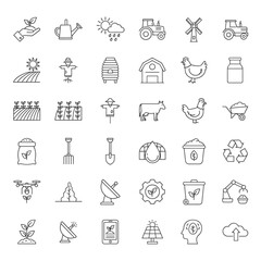 Fototapeta premium Editable line icons for agriculture: a vector set featuring modern thin‑line illustrations of agronomy‑related icons such as seedlings, plant care, harvest, and more