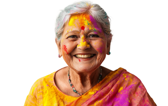 Artistic close up of smiling grandmother with colored powder capturing joy, cultural heritage, and lively spirit isolated on transparent background PNG