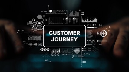Conceptual representation of customer journey analysis with digital interfaces and data visualizations for business strategies. Asymptotic smart data analytic.