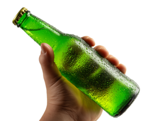 Hand holding green beer bottle