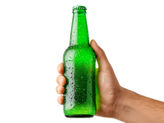 Hand holding cold green beer bottle