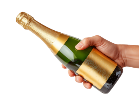 Hand holding champagne bottle with golden foil