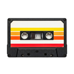 Obraz premium A vintage, black plastic audio cassette tape with subtle wear, a white label featuring yellow, orange, and red stripes, and visible spools, shot top-down on white, shadowless, clean product shot