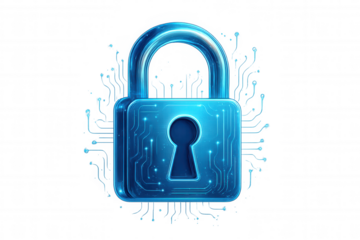 Digital padlock representing cybersecurity and data protection, a glowing circuit board protecting sensitive information