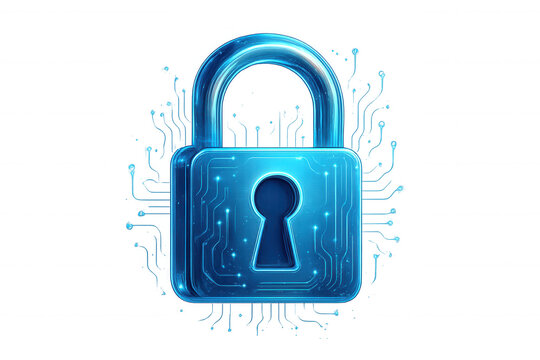 Digital padlock representing cybersecurity and data protection, a glowing circuit board protecting sensitive information