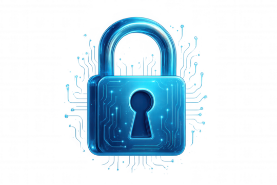 Digital padlock representing cybersecurity and data protection, a glowing circuit board protecting sensitive information