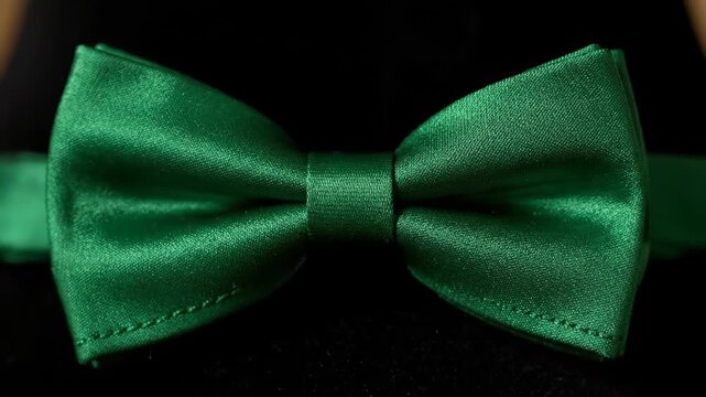 Shiny Green Bow Tie - A close-up shot of a bright green bow tie against a black background. The bow tie has a glossy, shiny appearance, suggesting a formal or elegant setting.