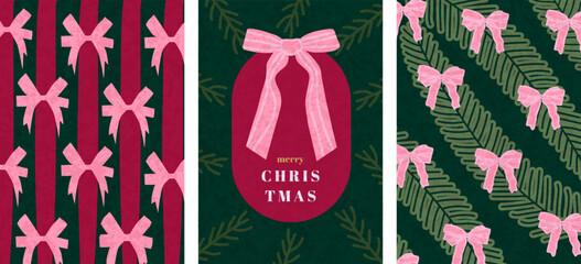 Merry Christmas and Happy New Year background. Modern Christmas design with ribbons, fir branch.