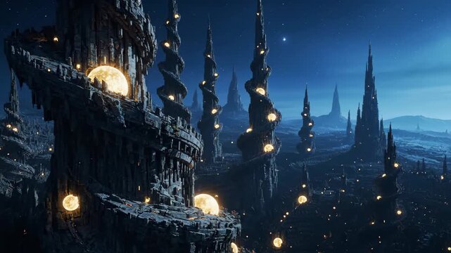 Illuminated Stone City at Night - A fantastical city of stone spires and winding towers glows against a starlit night sky.