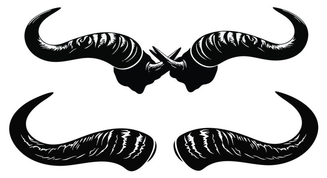 A collection of isolated monochrome vector animal horns, featuring a symmetrical pair of large ram horns and a stylized mustache shape