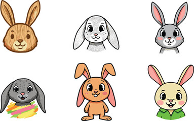 Cartoon rabbit illustration set, cute bunny characters, textured animal faces, playful outfits, children’s clipart, vector pet design
