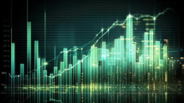Dynamic video still of a digital financial chart with a low-angle view, showcasing rising bar graphs and data lines in a futuristic style. Live desktop wallpaper. - Powered by Adobe