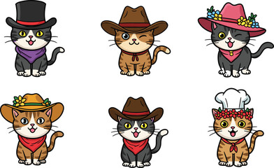 Cartoon cats in costumes, cute animal characters, cowboy hats, chef outfit, floral accessories, pet illustration, playful vector art