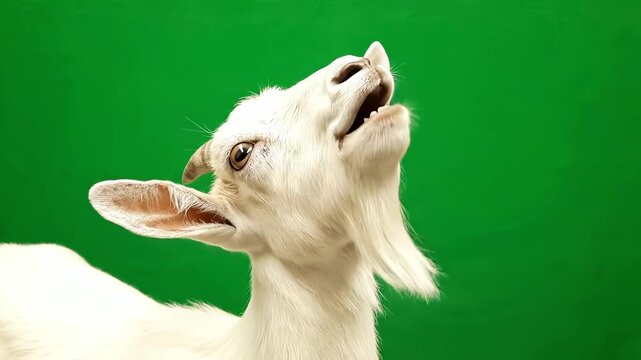 Charming White Goat Vocalizing on Green Screen, a Versatile Clip for Various Creative Projects showing animal behavior and character expressions, 88