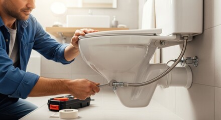 Man repairing a toilet with tools in a bright bathroom, focusing on plumbing and maintenance.