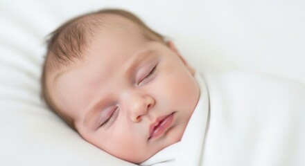 Close-up of a serene newborn baby peacefully sleeping, wrapped in a soft, white blanket.