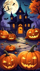 Halloween haunted house with pumpkins