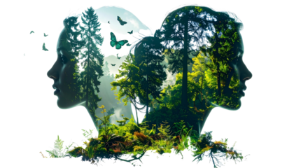  Double exposure woman and forest bundle isolated on transparent background.