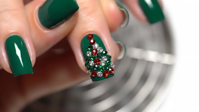 Close-up of a festive green manicure with a Christmas tree design made of rhinestones. Features glossy, emerald green nail polish and detailed rhinestone application. Ideal for holiday nail art.