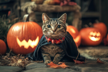 Adorable striped kitten dressed in spooky cape surrounded by carved pumpkins and fall decor Perfect for Halloween promotions invitations memes pet product ads or seasonal design with cozy atmosphere
