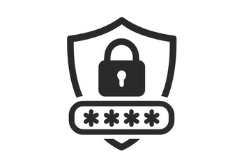 Shield icon with a padlock and password interface representing data security, privacy, and online protection concepts