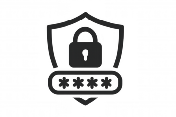 Shield icon with a padlock and password interface representing data security, privacy, and online protection concepts