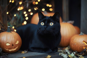 Mysterious black cat surrounded by glowing pumpkins and warm bokeh lights creates magical Halloween atmosphere Ideal for holiday promotions social media posts invitations, festive design .  copy space