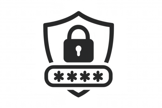 Shield icon with a padlock and password interface representing data security, privacy, and online protection concepts