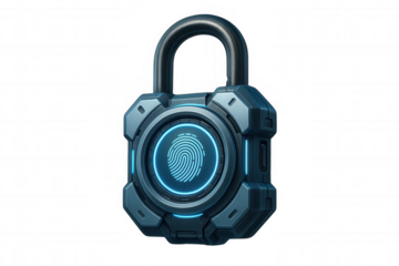 Futuristic padlock with glowing fingerprint scanner symbolizing digital security, data protection, and biometric authentication