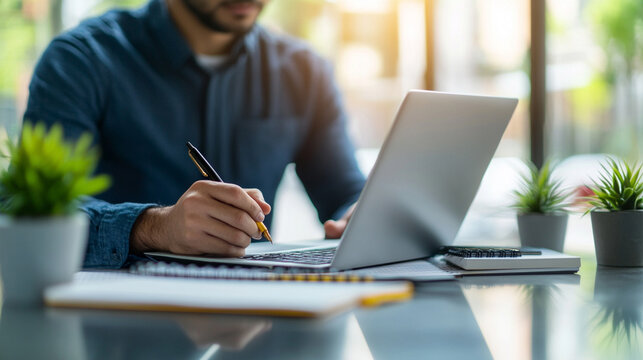 Close-up of hand learning online using laptop and writing in notebook at workspace. Concept of education, skill development, and knowledge improvement in a modern setting.