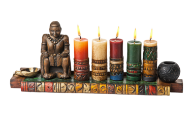 Detailed composition of Kwanzaa candles illuminated on a kinara expressing harmony community and cultural significance isolated on transparent background PNG