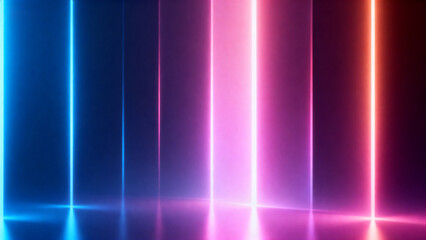 Vertical neon light beams in blue pink and orange