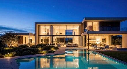 Modern luxury home with pool illuminated at dusk, showcasing elegant design and landscaping.