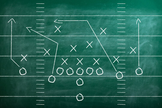 American football ball near chalkboard with scheme of game