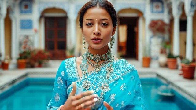 A stunning woman, adorned in a vibrant turquoise saree and exquisite jewelry, looks directly at the camera. The backdrop features an elegant building, enhancing the cultural theme.