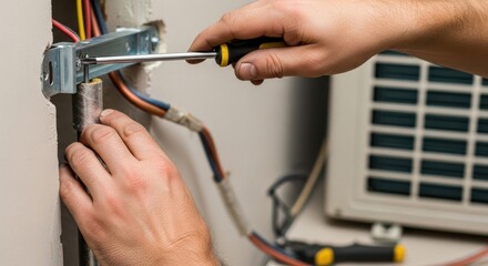 Close-up of hands using a screwdriver to install electrical wiring near an air conditioning unit.