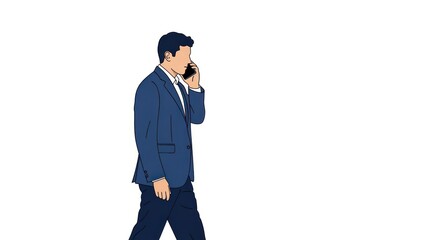 A man in a suit is walking and talking on a mobile phone.