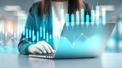 Business person using laptop with glowing stock market graph overlay, representing financial analysis and trading and animation video 4k - Powered by Adobe
