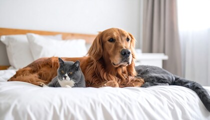 Golden retriever and two cats on a bed