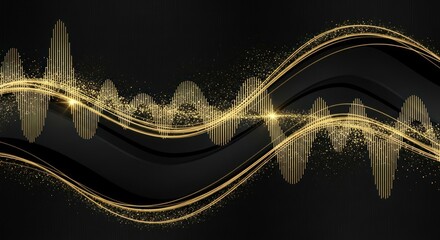 Abstract golden waves and sound visualization on a dark background, creating a dynamic and elegant design.