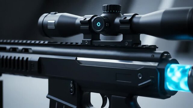 Futuristic Sniper Rifle with Energy Muzzle Flash: Close-Up View of Advanced Weaponry and Technological Design Elements Showcasing Innovation