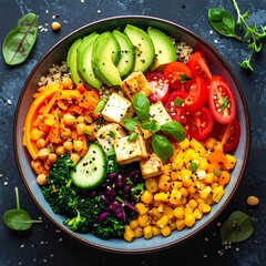 Colorful quinoa bowl brimming with vegetables, tofu, and chickpeas