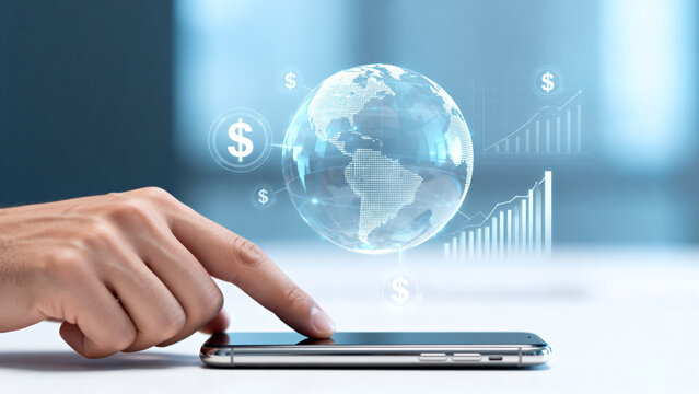 Hand interacting with digital globe and financial symbols