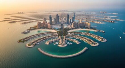 Aerial view showcases the iconic Palm Jumeirah, a man-made island in Dubai, with luxury buildings and serene water.